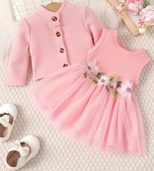 Elegant Bloom – Baby Girl Mesh Dressjacket with Waist Flower Detail