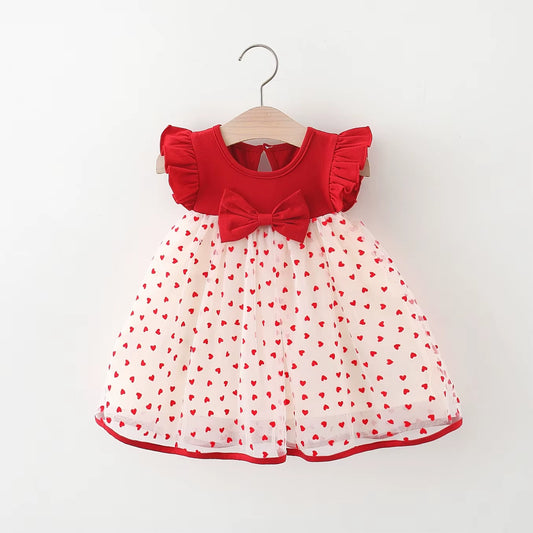 HeartGlow – Red Mesh Tutu Dress with Embroidered Hearts & Bow for Baby Girls